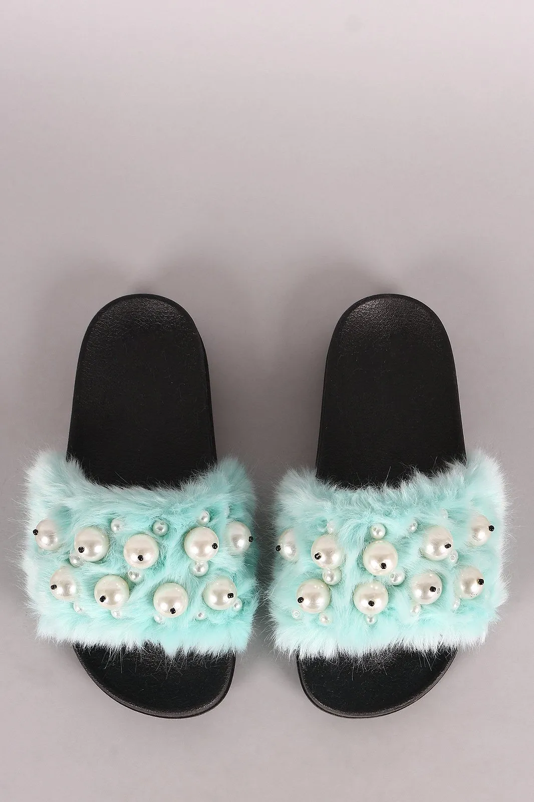 Faux Pearl Embellished Fur Slide Sandals
