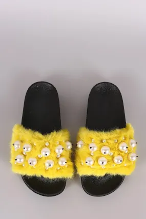 Faux Pearl Embellished Fur Slide Sandals