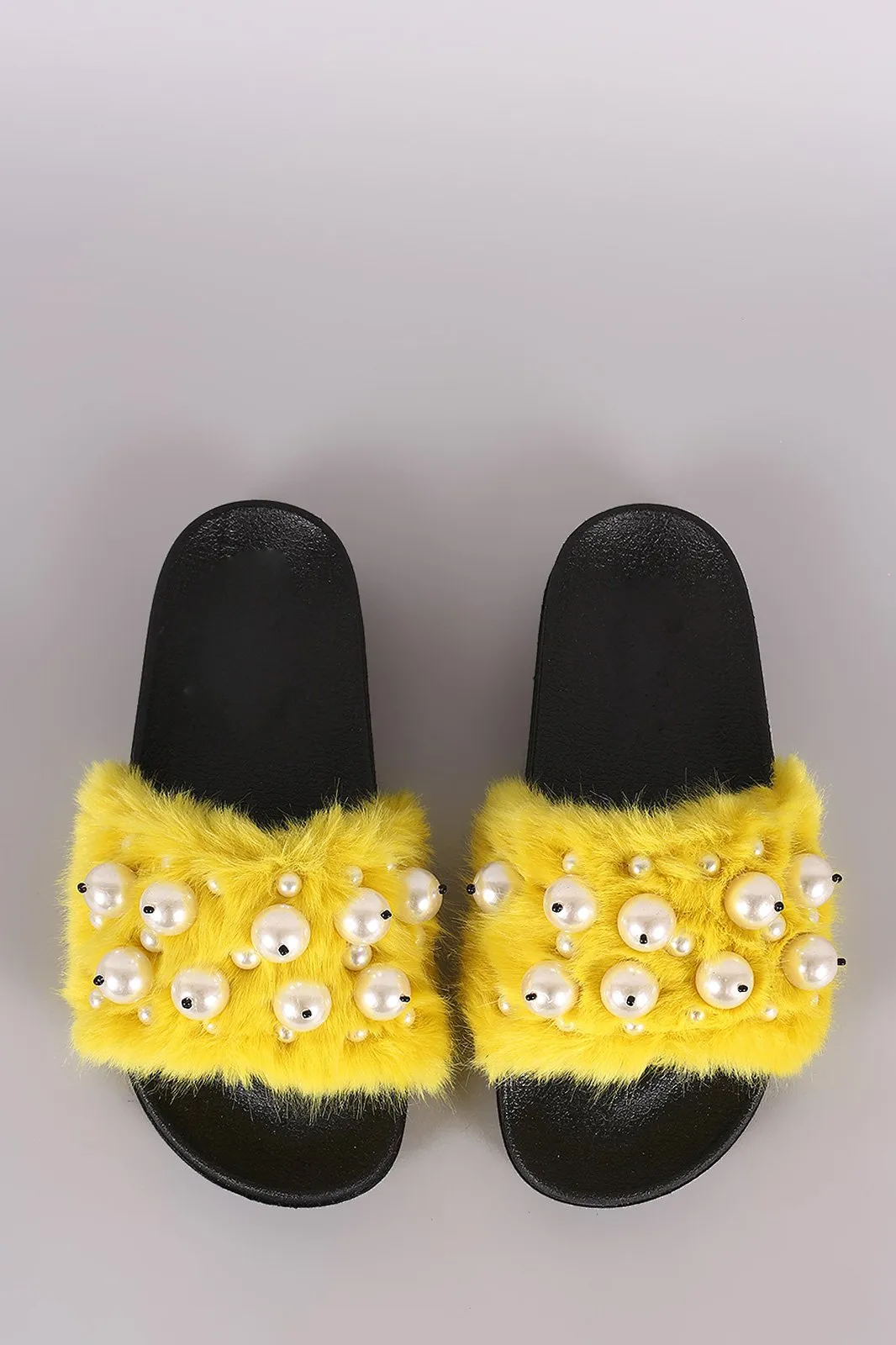 Faux Pearl Embellished Fur Slide Sandals