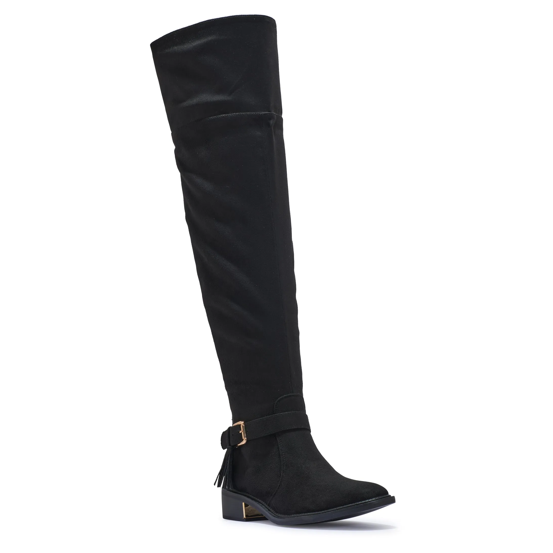 LATTE5 FAUX SUEDE OVER THE KNEE BOOTS WITH GOLD BUCKLE DETAIL