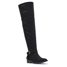 LATTE5 FAUX SUEDE OVER THE KNEE BOOTS WITH GOLD BUCKLE DETAIL