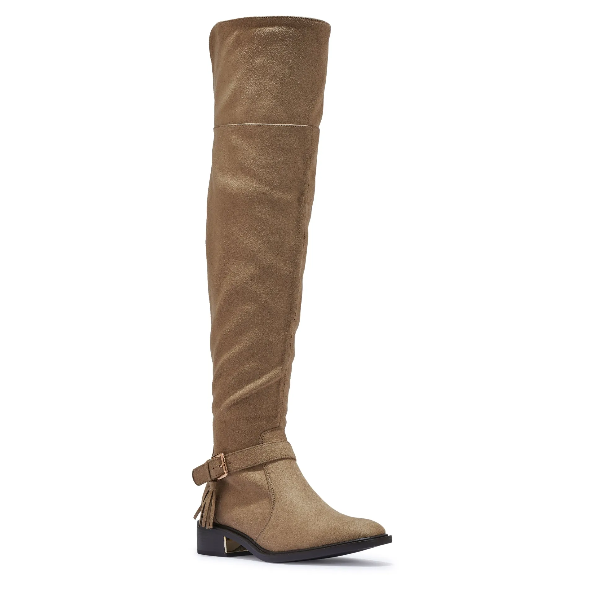 LATTE5 FAUX SUEDE OVER THE KNEE BOOTS WITH GOLD BUCKLE DETAIL
