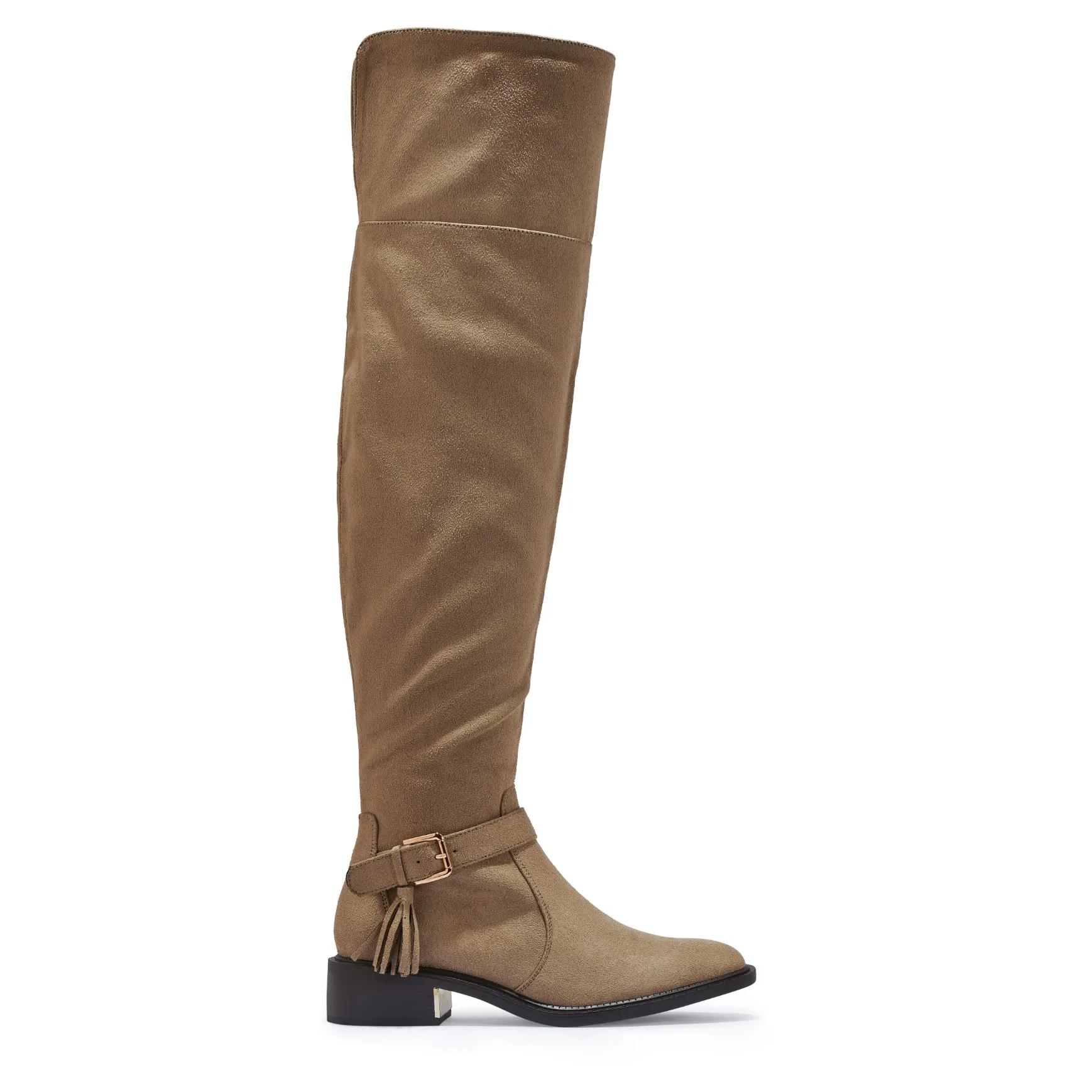 LATTE5 FAUX SUEDE OVER THE KNEE BOOTS WITH GOLD BUCKLE DETAIL