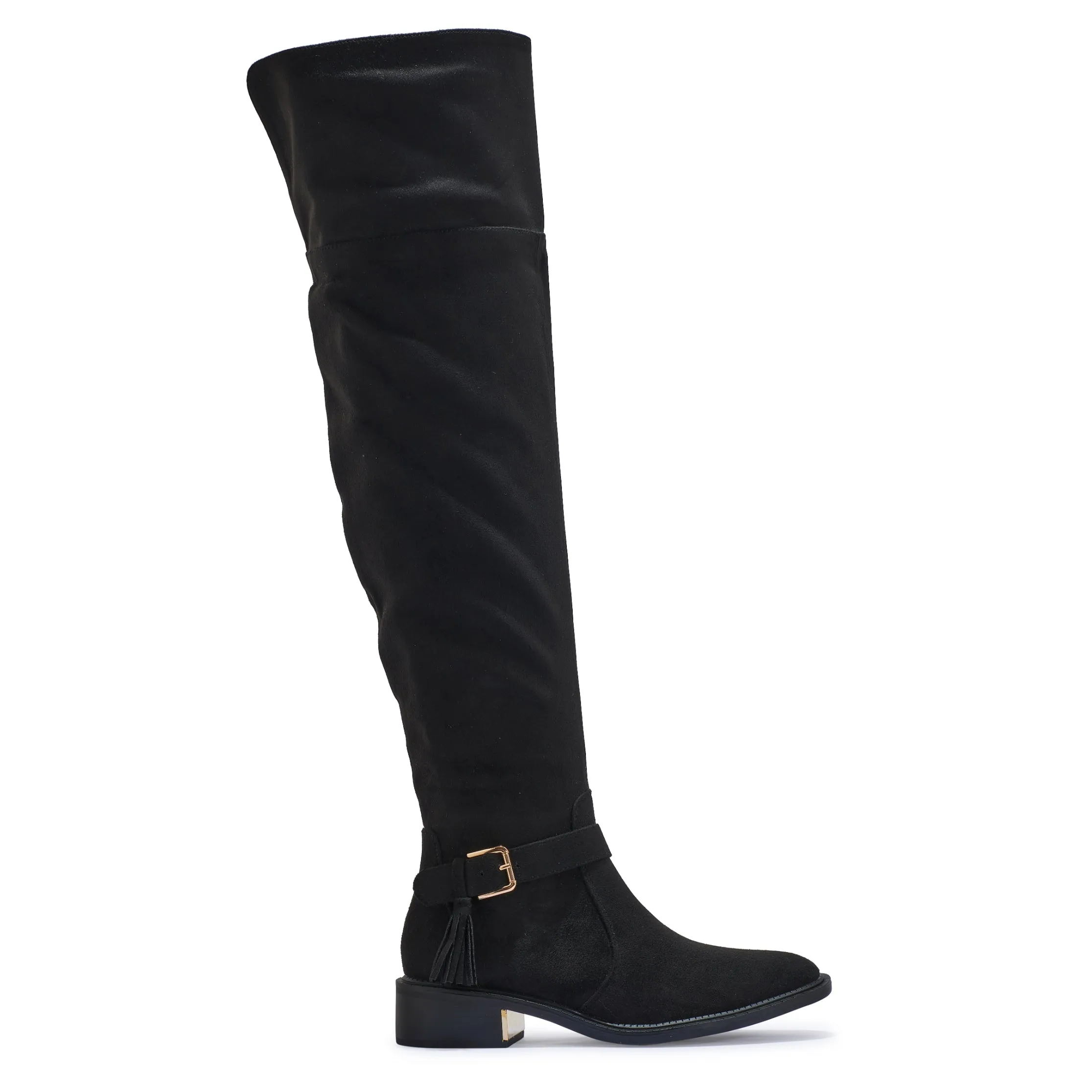 LATTE5 FAUX SUEDE OVER THE KNEE BOOTS WITH GOLD BUCKLE DETAIL
