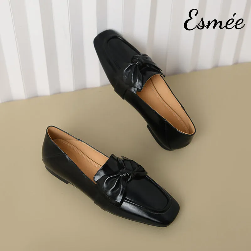 Leather Loafers with Bow Knot Design