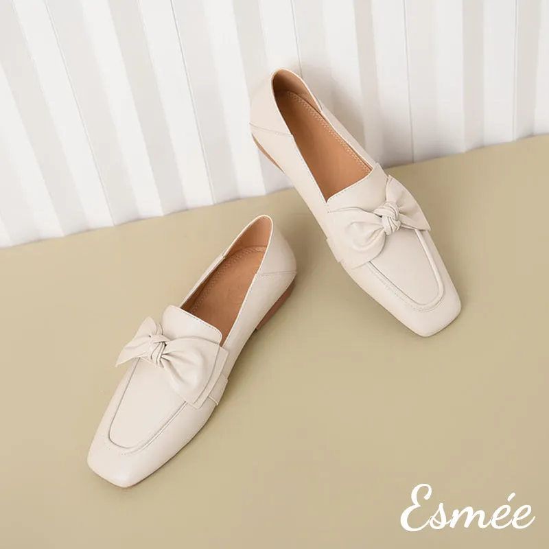 Leather Loafers with Bow Knot Design