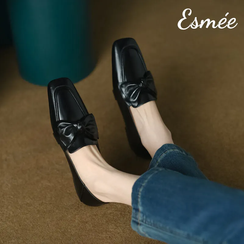 Leather Loafers with Bow Knot Design