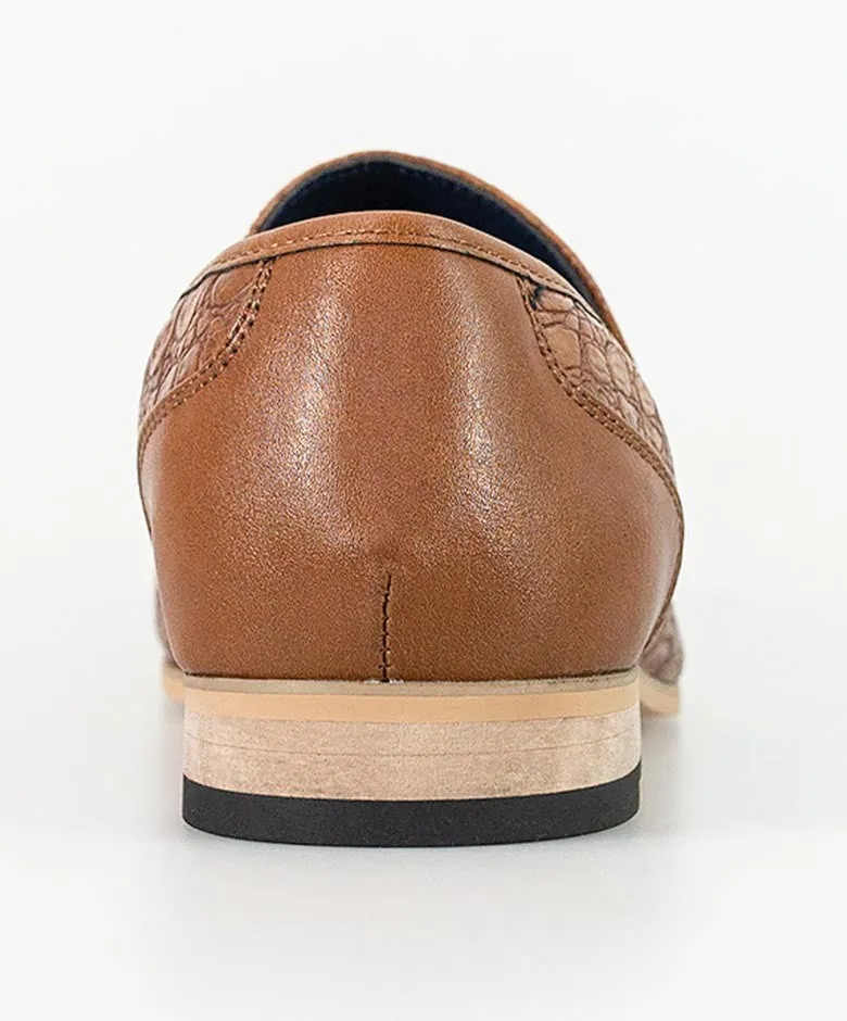 Men's Crocodile Embossed Tassel Loafers- BRINDISI - Light Brown