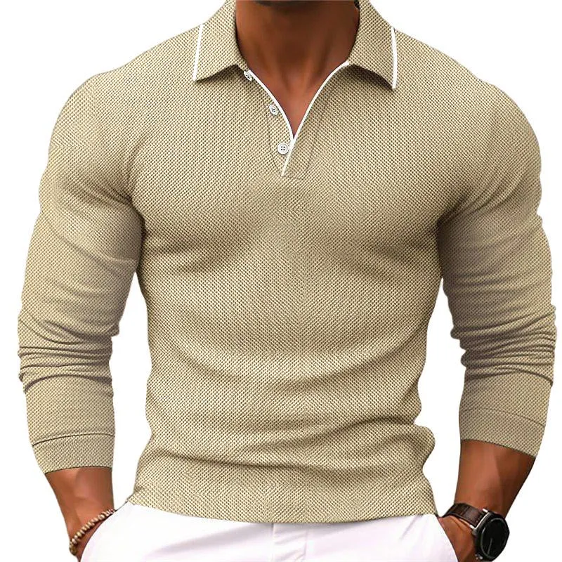 Men's Solid Color Lapel Slim Fit Long Sleeve Polo Shirt